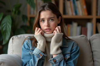 Jeune femme en denim vintage tenant un pull secondhand