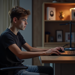 Jeune homme gamer concentré sur son ordinateur dans une chambre moderne
