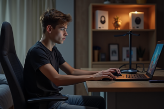 Jeune homme gamer concentré sur son ordinateur dans une chambre moderne
