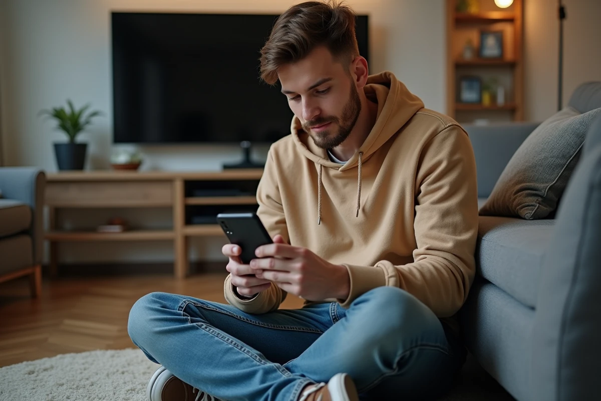 Jeune homme en hoodie regarde sa base Clash of Clans