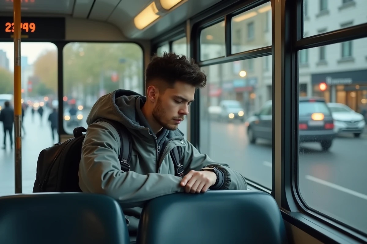 Jeune homme dans un bus regardant sa montre assis près de la fenêtre