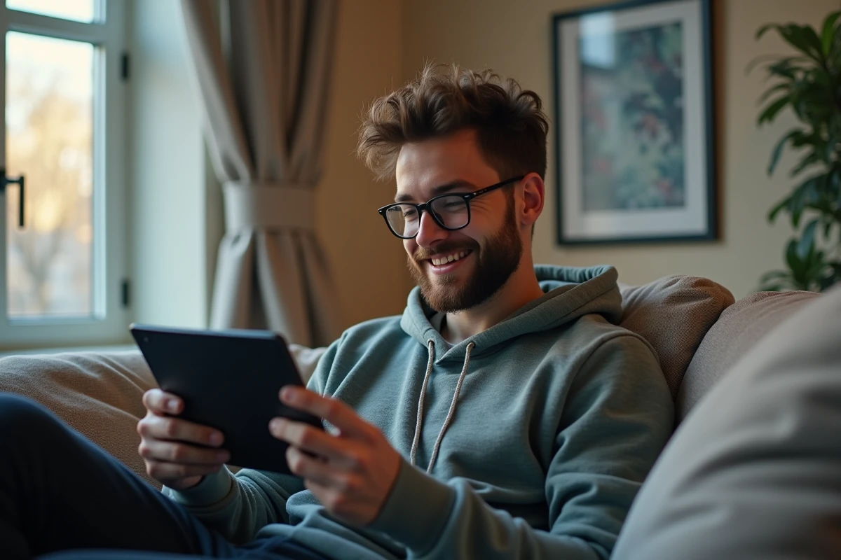 Jeune homme relaxant avec tablette dans un salon moderne