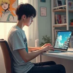 Jeune homme lisant manga ONE Punch Man sur son laptop