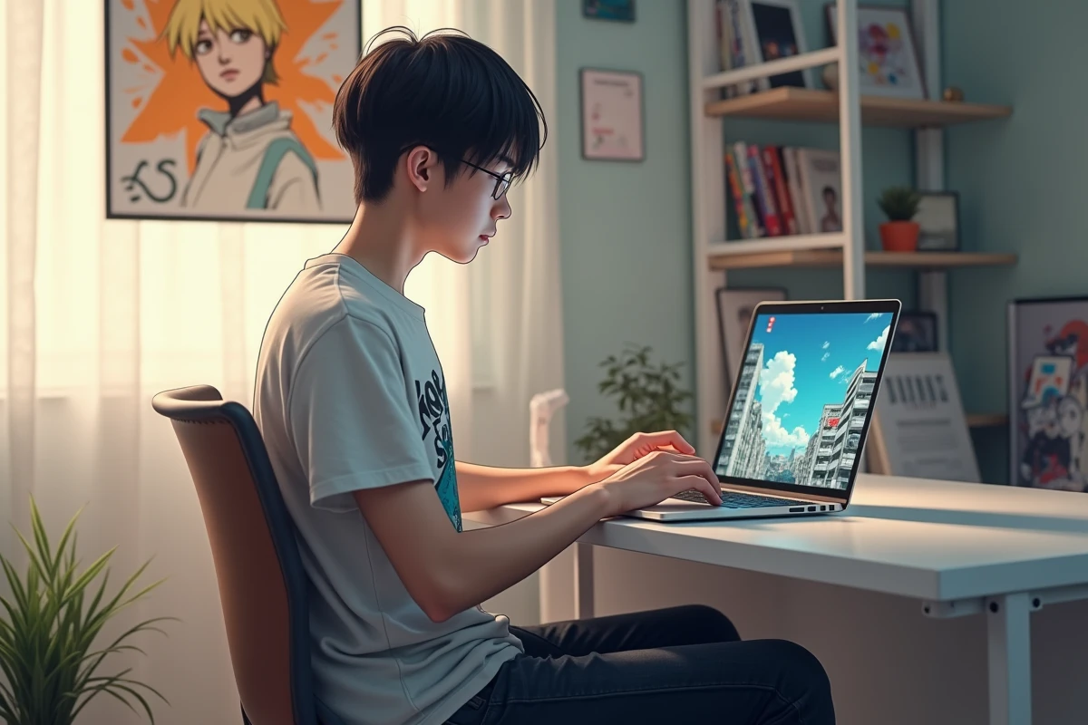Jeune homme lisant manga ONE Punch Man sur son laptop
