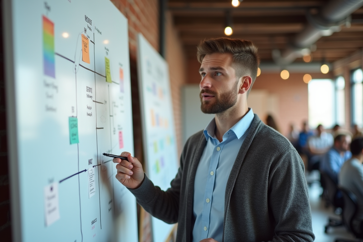 Jeune homme expliquant un diagramme sur un whiteboard dans un espace collaboratif