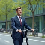 Jeune homme en costume roulant en scooter dans la ville