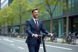 Jeune homme en costume roulant en scooter dans la ville