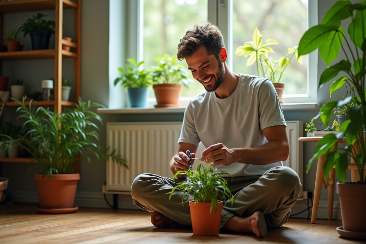 Jeune homme taillant une plante d’intérieur près d’une fenêtre en intérieur