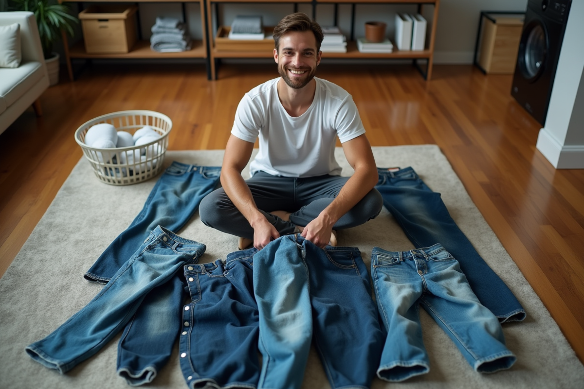 Jeune homme triant des vêtements dans son salon moderne