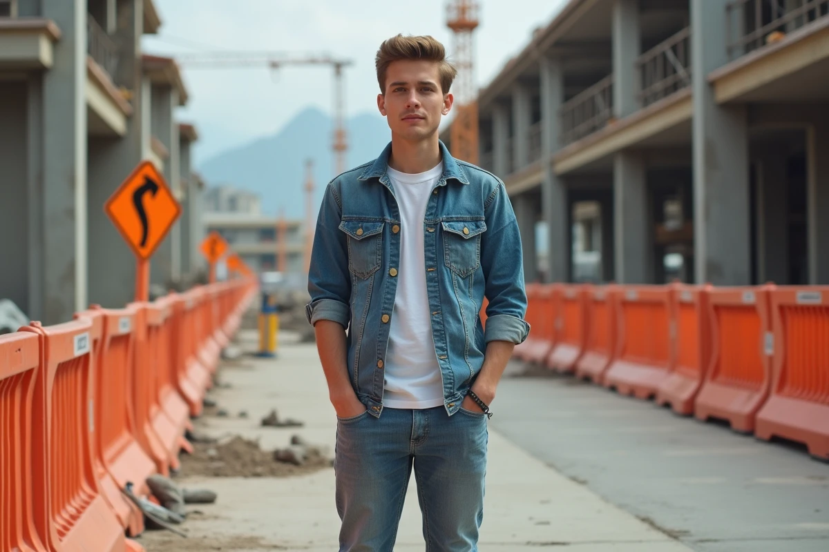 Jeune homme en zone de construction avec barrières de sécurité