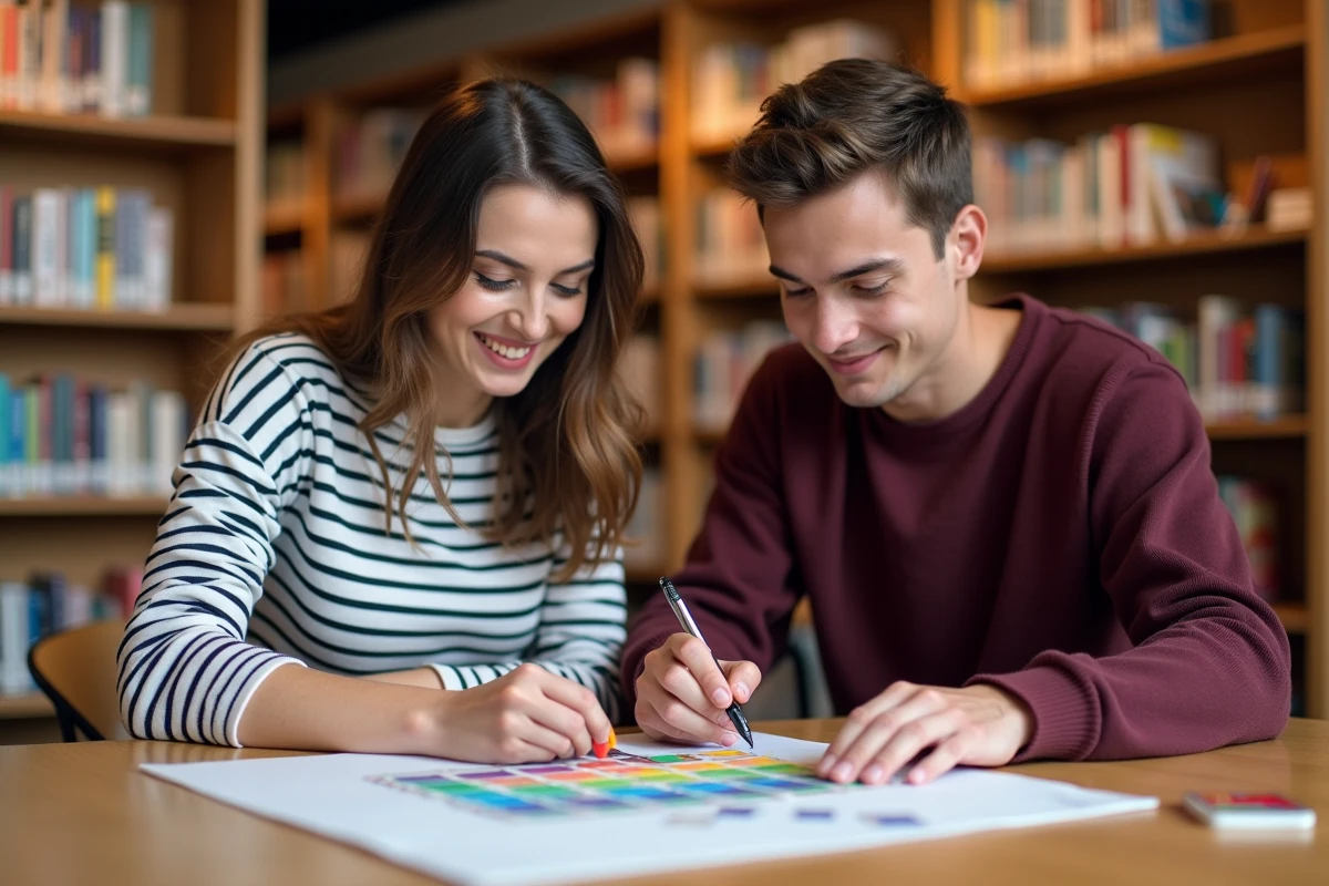 Deux jeunes adultes collaborant sur un projet de pixel art avec des gommettes colorées dans une bibliothèque, apprentissage de la concentration par le dessin