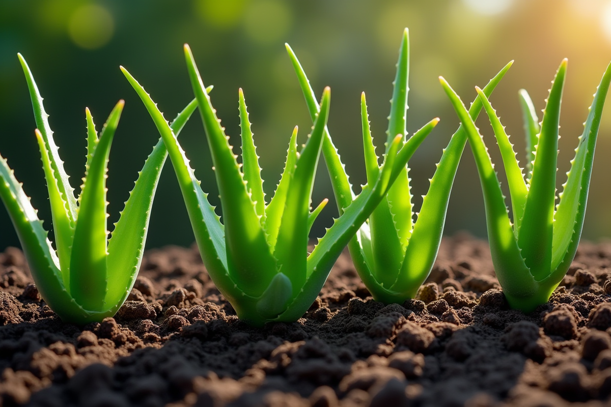 Plusieurs aloe vera plantés dans la terre du jardin en plein jour