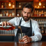 Barman versant du whisky Johnnie Walker Black Label dans un verre Glencairn dans un bar à whisky écossais haut de gamme