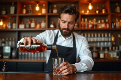Barman versant du whisky Johnnie Walker Black Label dans un verre Glencairn dans un bar à whisky écossais haut de gamme
