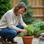 Femme transplantant une herbe dans un pot en terre cuite dans le jardin