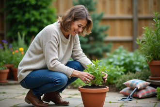 Femme transplantant une herbe dans un pot en terre cuite dans le jardin