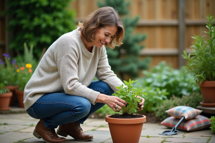 Femme transplantant une herbe dans un pot en terre cuite dans le jardin