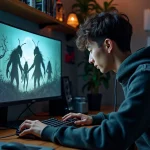 Joueur concentré devant un écran affichant un jeu de type Hollow Knight Silksong, environnement gaming immersif