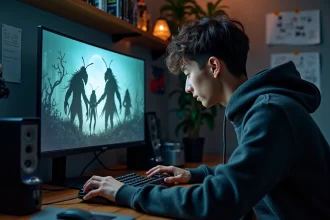 Joueur concentré devant un écran affichant un jeu de type Hollow Knight Silksong, environnement gaming immersif