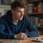 Joueur adulte concentré analysant ses cartes Pokémon de type Psy face à sa Nintendo Switch, assis à un bureau en bois encombré