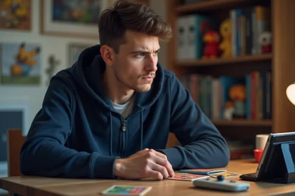 Joueur adulte concentré analysant ses cartes Pokémon de type Psy face à sa Nintendo Switch, assis à un bureau en bois encombré