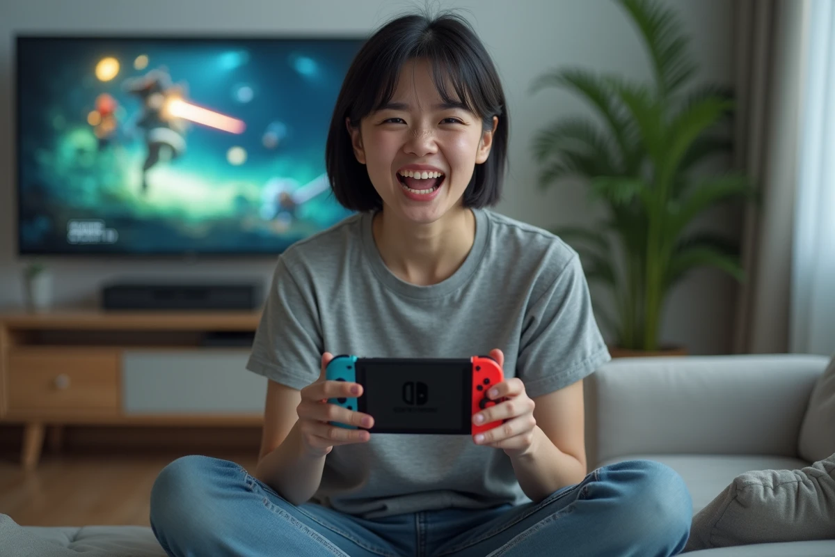 Joueuse frustrée tenant une Nintendo Switch pendant un combat Pokémon type Psy raté dans son salon moderne