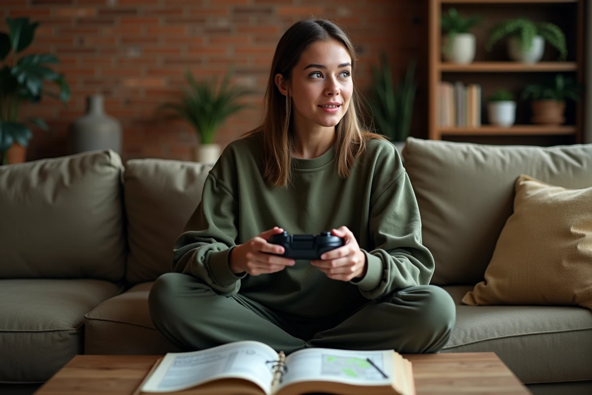 Joueuse prenant des notes sur un guide Silksong dans un salon chaleureux, manette de jeu en main