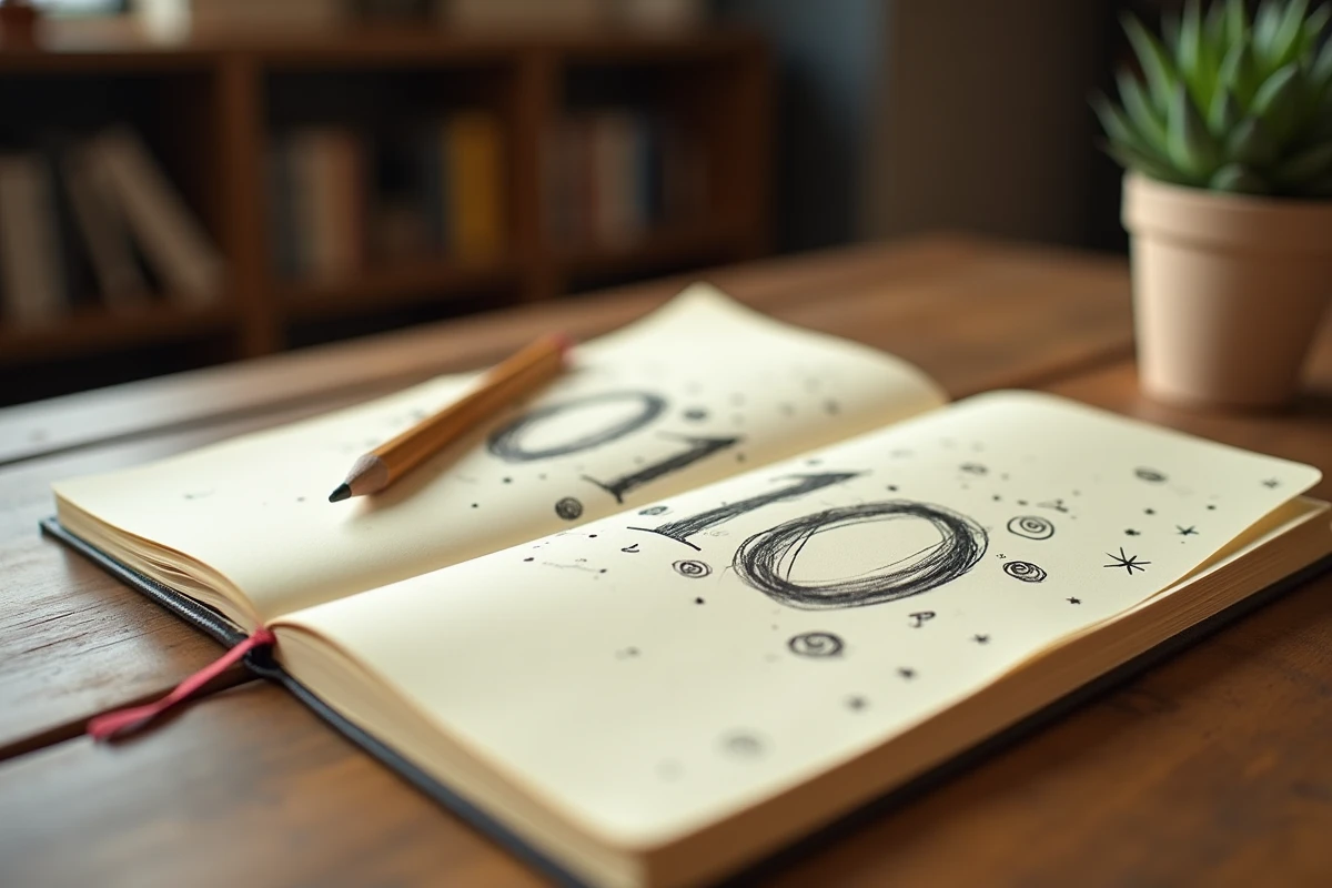 Journal ouvert avec les chiffres 0110 écrits à la main entourés de symboles spirituels, représentant la quête de signification et la numérologie