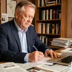 Journaliste senior consultant des notes dans un bureau éditorial encombré de journaux et livres de référence