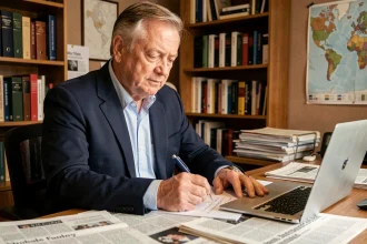 Journaliste senior consultant des notes dans un bureau éditorial encombré de journaux et livres de référence