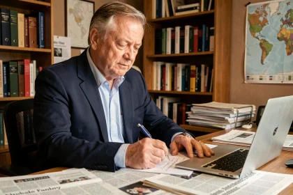 Journaliste senior consultant des notes dans un bureau éditorial encombré de journaux et livres de référence