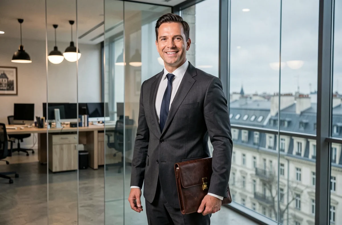 Avocat du cabinet Laumet Avocat à Annecy en costume moderne devant un bureau contemporain avec vue sur la ville