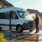 Homme lavant un minibus de 12 places en plein soleil