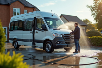 Homme lavant un minibus de 12 places en plein soleil