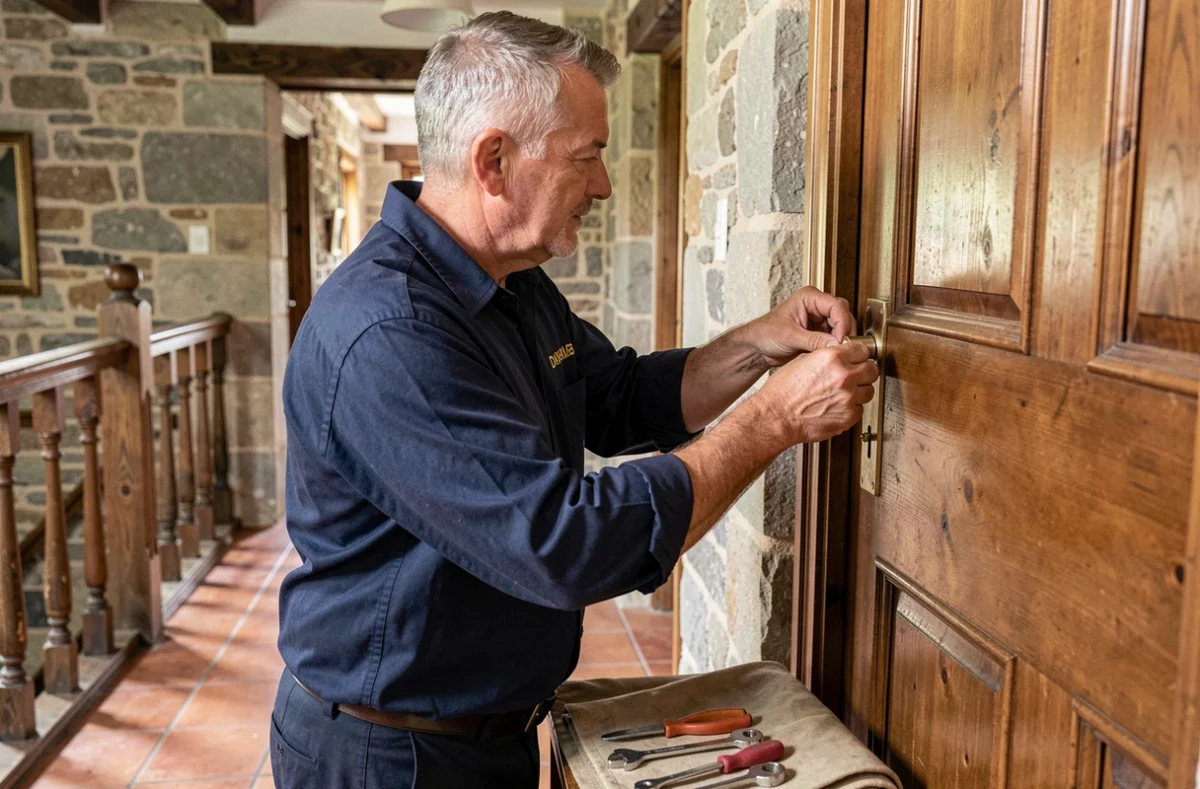 David Le Stradic, serrurier, remplaçant une serrure sur une porte en bois dans un couloir intérieur d'une maison bretonne rurale