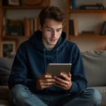 Jeune homme lisant un manga en ligne sur une tablette dans un salon cosy, illustrant la lecture de scans Blue Lock VF