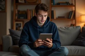 Jeune homme lisant un manga en ligne sur une tablette dans un salon cosy, illustrant la lecture de scans Blue Lock VF