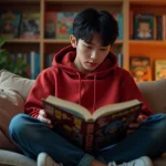 Jeune homme lisant un manga One Piece dans son salon entouré de volumes et figurines anime