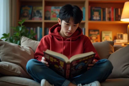 Jeune homme lisant un manga One Piece dans son salon entouré de volumes et figurines anime