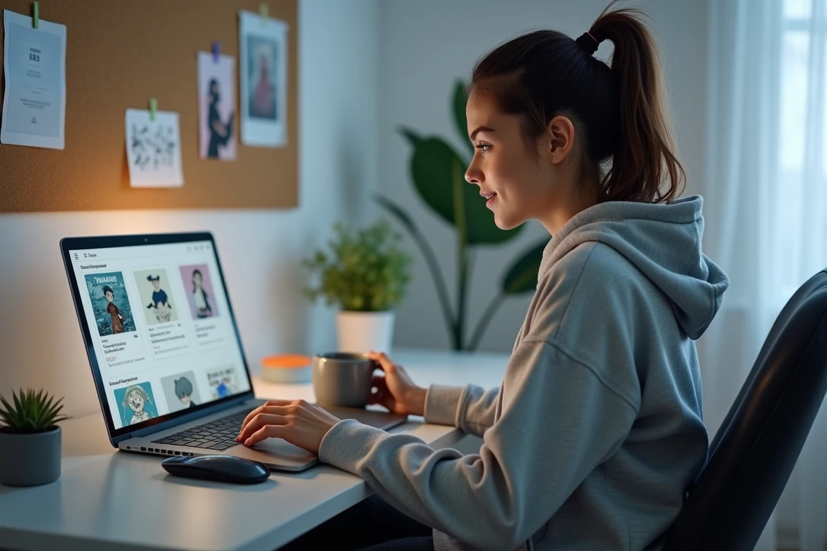 Jeune femme lisant des scans BL en ligne sur son ordinateur portable dans un bureau minimaliste à domicile