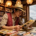 Jeune homme lisant passionnément le scan du chapitre 1141 de One Piece entouré de volumes de manga