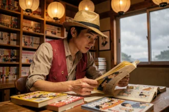 Jeune homme lisant passionnément le scan du chapitre 1141 de One Piece entouré de volumes de manga