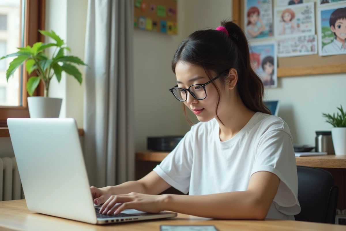 Jeune femme lisant des scans de manga One Piece sur son ordinateur portable dans une chambre étudiante