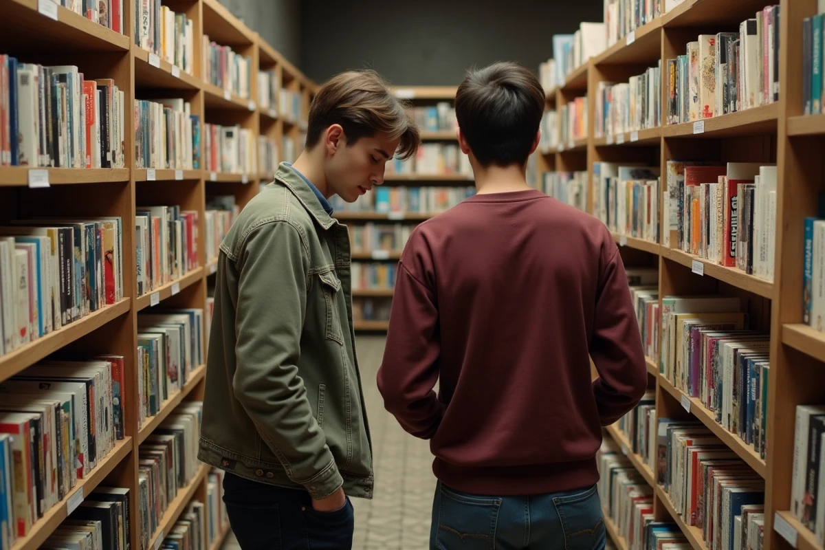 Deux jeunes hommes parcourant des mangas BL dans une librairie indépendante avec des étagères en bois chargées de volumes