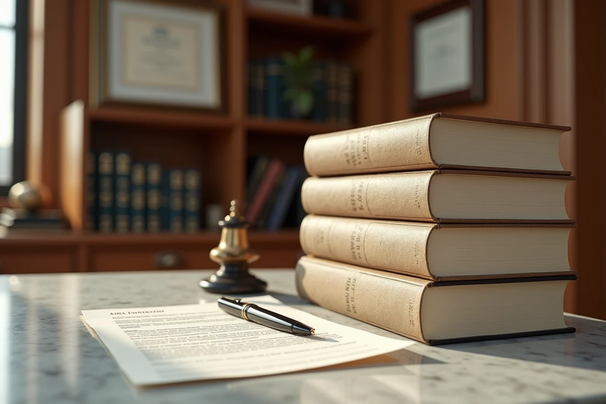 Pile de livres académiques reliés avec un document de droits d'auteur et un stylo plume sur marbre, symbolisant les revenus littéraires et le patrimoine d'auteur