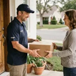 Livreur Amazon en uniforme remettant un colis à une cliente devant sa porte d'entrée