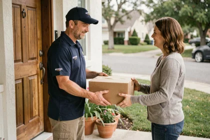 Livreur Amazon en uniforme remettant un colis à une cliente devant sa porte d'entrée