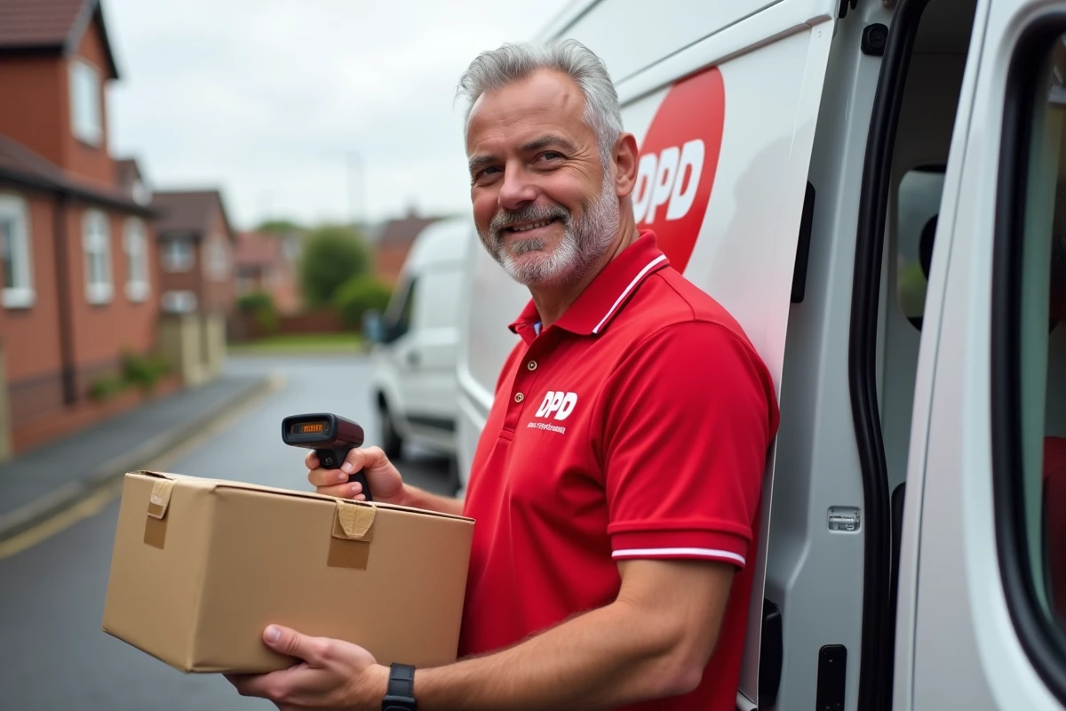 Livreur DPD scannant le code-barres d'un colis devant son camion de livraison dans une rue résidentielle
