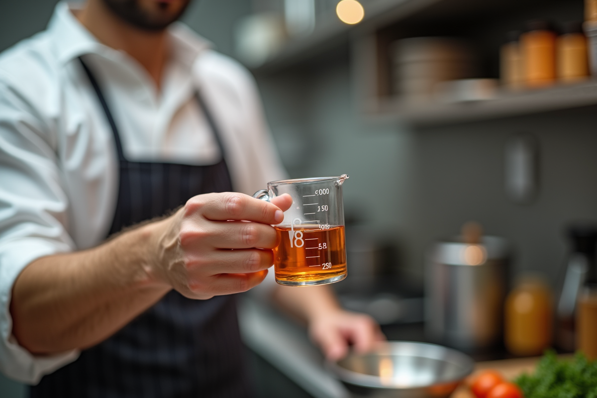Main de chef tenant un verre avec 50 ml de liquide en cuisine