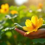 Main de jardinier tenant une fleur de courgette fraîche dans un jardin ensoleille